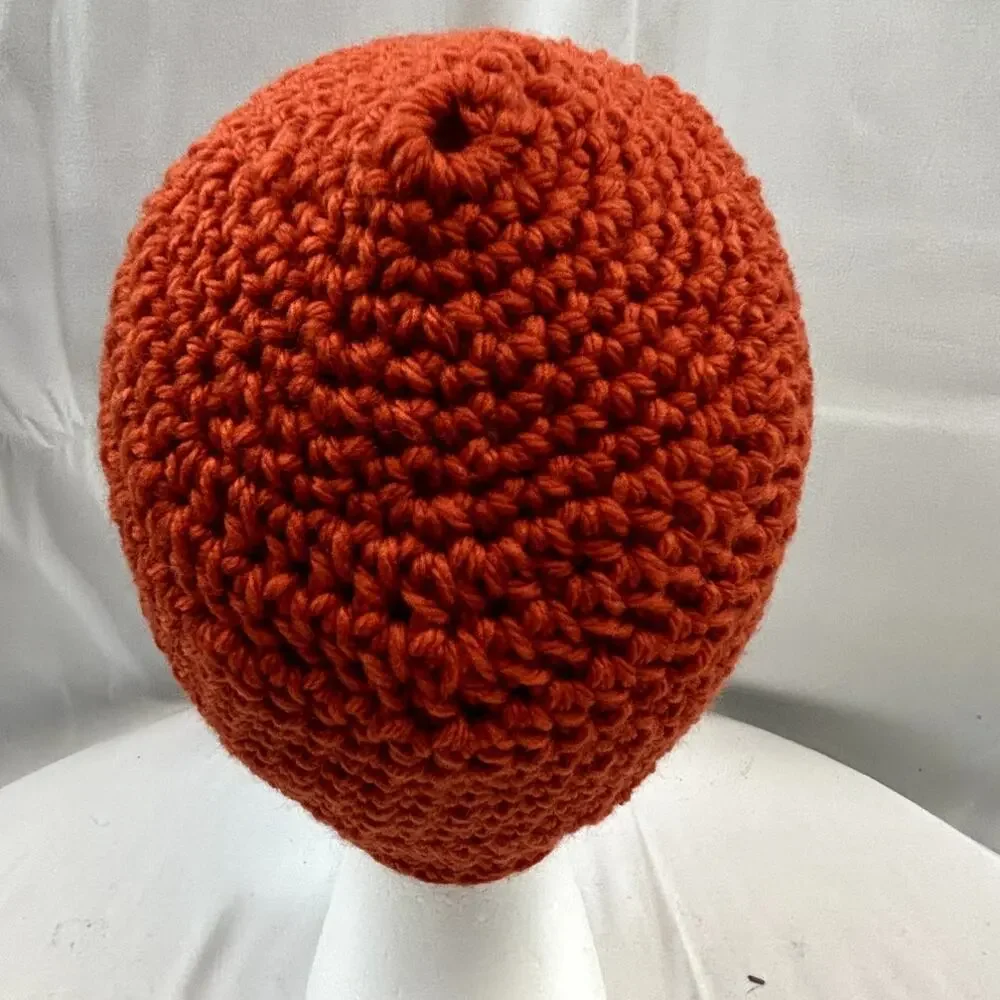 SKU 2180 Handmade Hand Crocheted Bright Orange Beanie Cap Hat 9x7